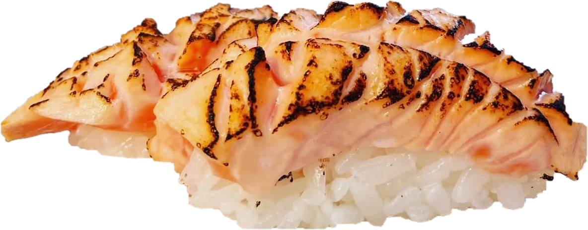 Flamberad laxnigiri från Sooshi i närbild